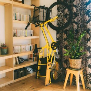 yuba bikes kombi yellow cargo bike indoor