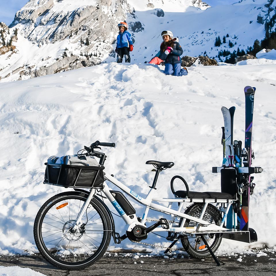 cargo bike yuba ski rack and kids